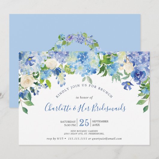 Light Blue Hydrangeas Greenery Bridesmaids Brunch Kaart (Voorkant / Achterkant)