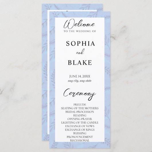 Light Blue Leaves en Foliage Wedding Programme (Voorkant / Achterkant)