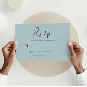 Light Blue Linen Simple Black Script RSVP-kaart Kaart