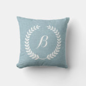 Light Blue Linen Texture White Wreath & Monogram Buitenkussen (Voorkant)