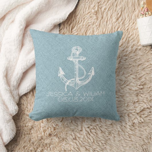 Light Blue Linen & White Boat Anchor Kussen (Deken)