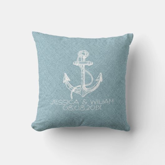 Light Blue Linen & White Boat Anchor Kussen (Voorkant)