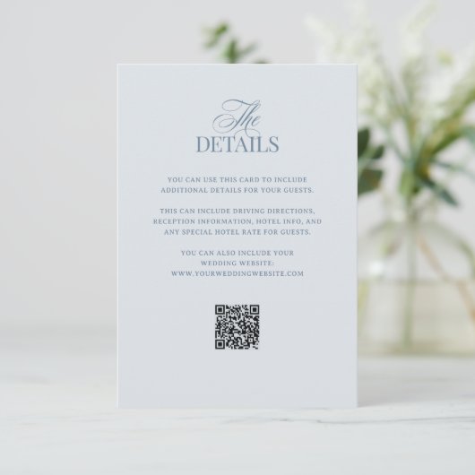 Light Blue Luxe | QR Code Wedding Guest Details Informatiekaartje (Staand voorkant)