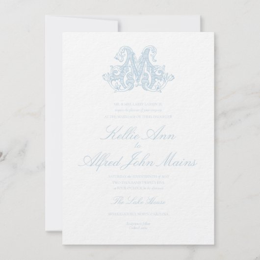 Light Blue "M" Monogram Wedding Invitation Kaart (Voorkant)