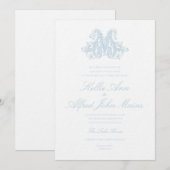 Light Blue "M" Monogram Wedding Invitation Kaart (Voorkant / Achterkant)