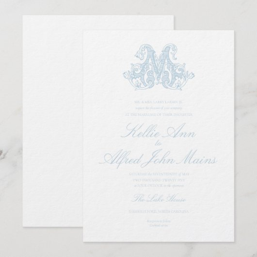 Light Blue "M" Monogram Wedding Invitation Kaart (Voorkant / Achterkant)
