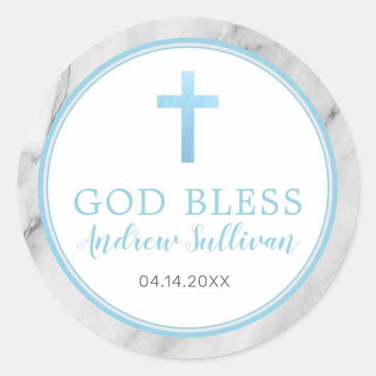 Light Blue Marble Baptisme Favor Ronde Sticker (Voorkant)