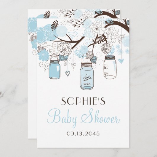 Light Blue Mason Jars en Flowers Baby shower Kaart (Voorkant / Achterkant)
