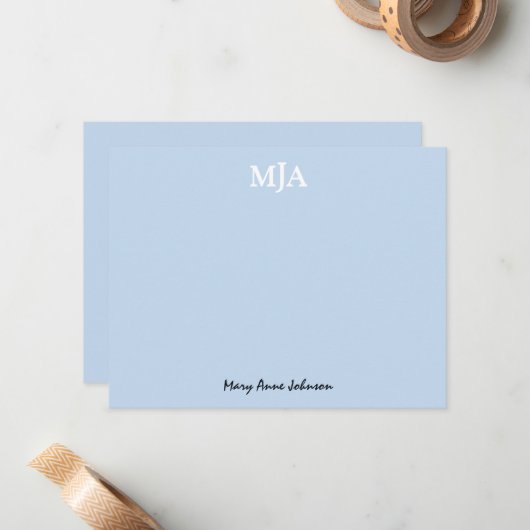 Light Blue Monogram 3 Initialen met drie letters M Notitiekaartje (Voorkant / Achterkant in situ)