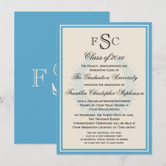 Light Blue Monogram Laurel College Graduatie Kaart (Voorkant / Achterkant)