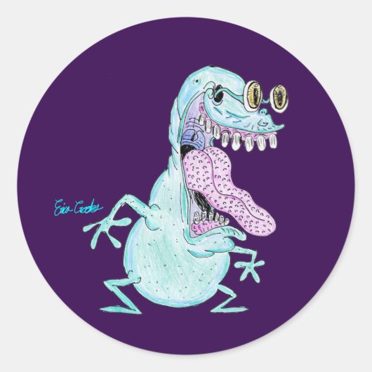 light blue monster alien cartoon ronde sticker (Voorkant)