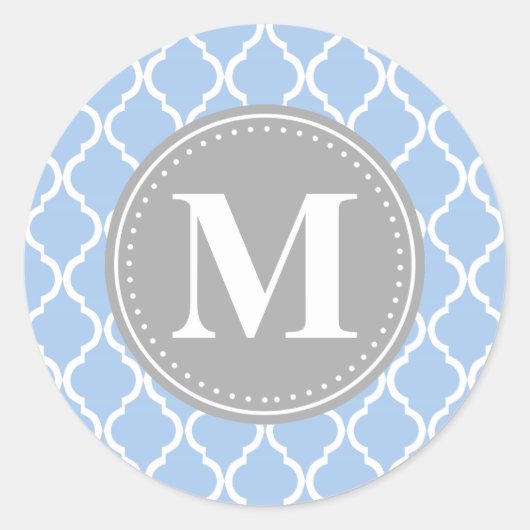 Light Blue Moroccan Lattice Grey Monogram Ronde Sticker (Voorkant)