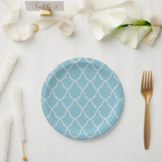 Light Blue Moroccan Lattice Pattern Papieren Bordje (Huwelijk)
