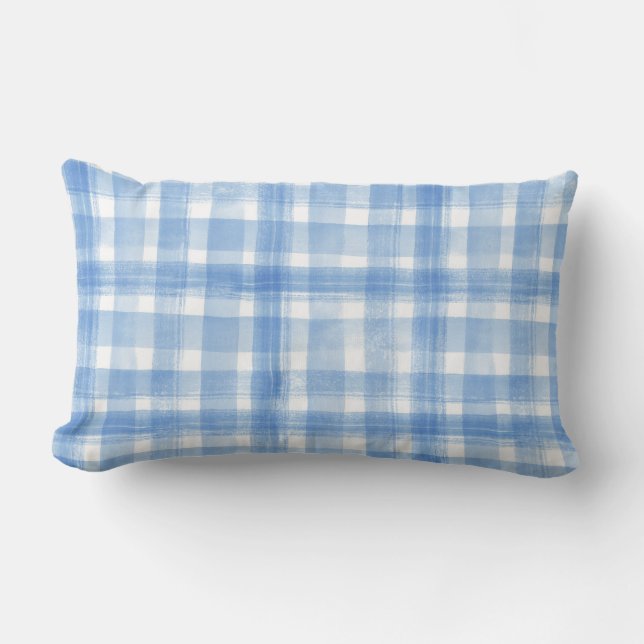 Light Blue n White Waterverf Gingham Gingham Gecon Kussen (Voorkant)