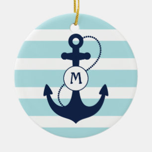 Light Blue Nautical Anchor Monogram Keramisch Ornament