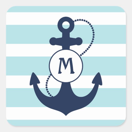 Light Blue Nautical Anchor Monogram Vierkante Sticker (Voorkant)