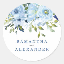 Light Blue Navy Floral Waterverf Wedding Names Ronde Sticker