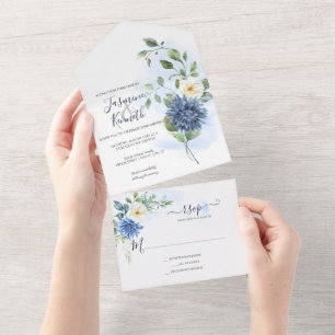 Light Blue, Navy, Winter White Waterverf Floral A All In One Uitnodiging