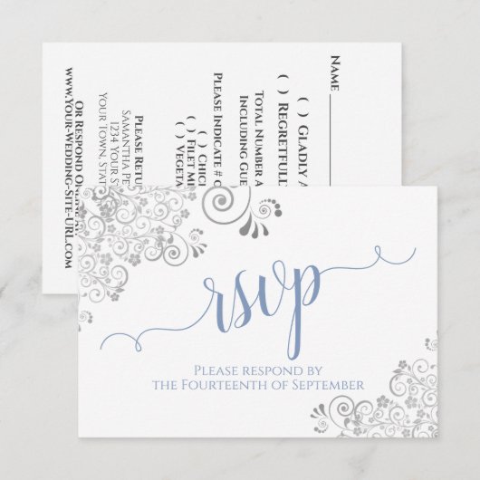 Light Blue op White Elegant Calligraphy Wedding RSVP Kaartje (Voorkant / Achterkant)