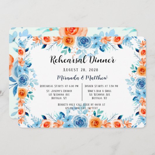 Light Blue Oranje Paint Peony Rehearsal Dinner Kaart (Voorkant / Achterkant)