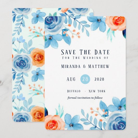 Light Blue Oranje Paint Peony Save the Date Cards Kaart (Voorkant / Achterkant)