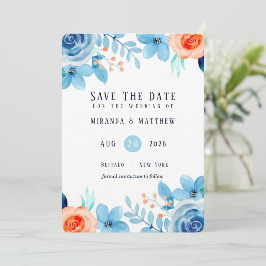 Light Blue Oranje Paint Peony Save the Date Cards Kaart (Staand voorkant)