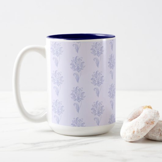 Light Blue Outlined Floral Pattern Tweekleurige Koffiemok (Met donut)