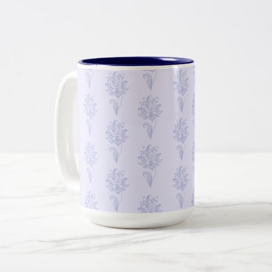 Light Blue Outlined Floral Pattern Tweekleurige Koffiemok (Voorkant links)