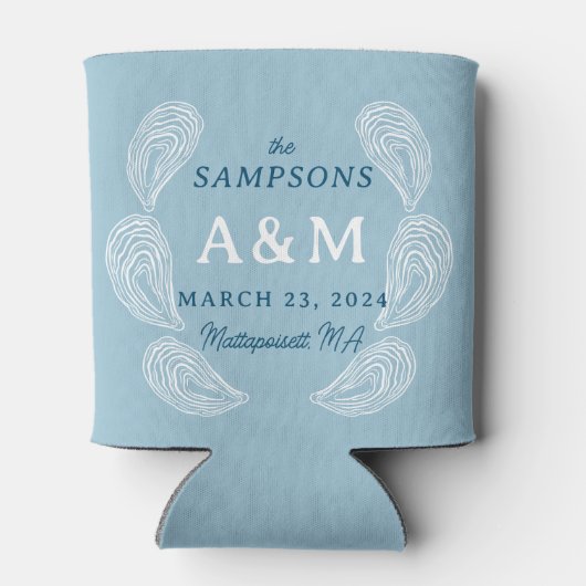 Light Blue Oyster Wedding Name Date and Location Blikjeskoeler (Achterkant)