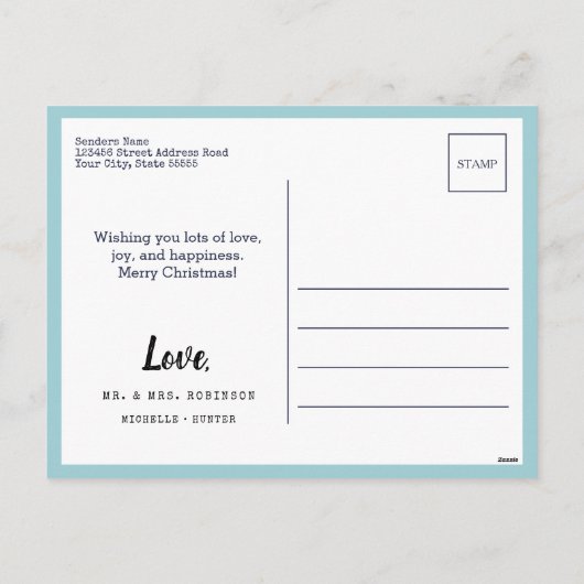 Light Blue Pas getrouwd 1e kerstfoto Snowflake Feestdagenkaart (Achterkant)