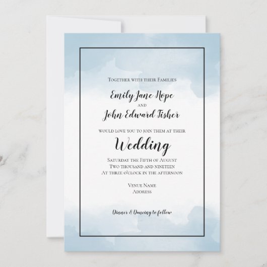 Light Blue Pastel Waterverf Line Border Wedding Kaart (Voorkant)