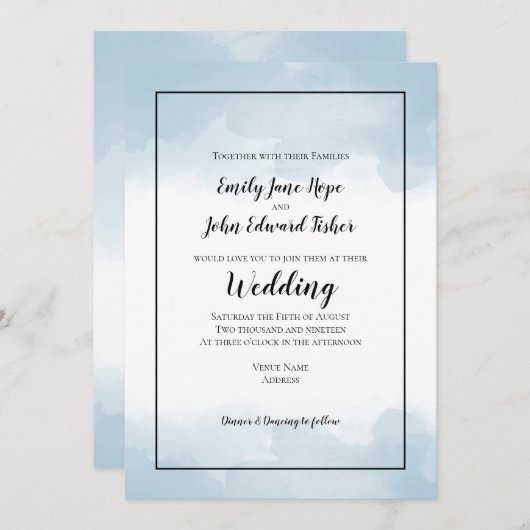 Light Blue Pastel Waterverf Line Border Wedding Kaart (Voorkant / Achterkant)