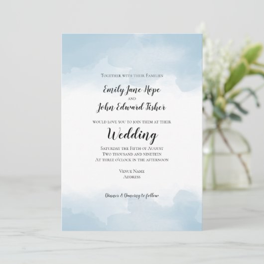 Light Blue Pastel Waterverven Wedding Kaart (Staand voorkant)
