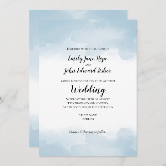 Light Blue Pastel Waterverven Wedding Kaart (Voorkant / Achterkant)