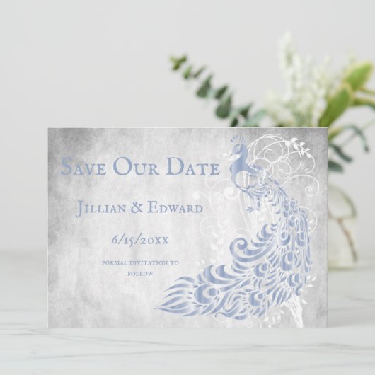 Light Blue Peacock Leaf Vine Save the Date Aankondiging (Staand voorkant)