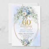 Light blue peony eucalyptus gold 60th birthday  kaart (Voorkant)