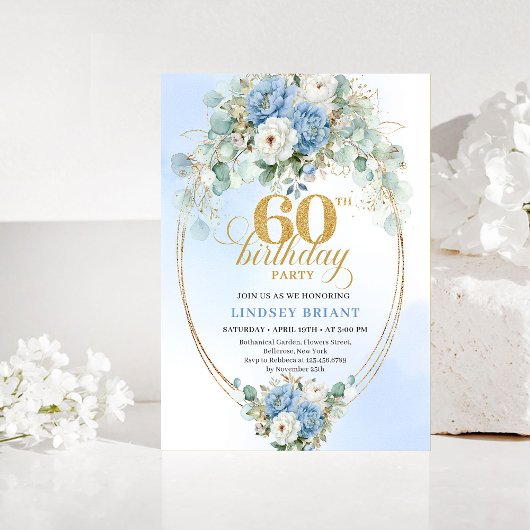 Light Blue Peony Greenery 60th Birthday Invitation Kaart