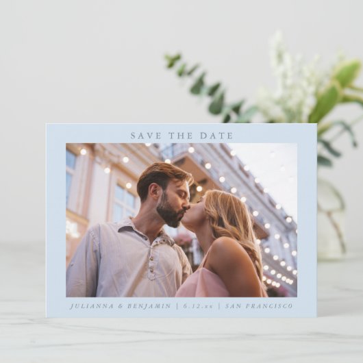 Light Blue Photo Minimalist Modern Elegant Wedding Save The Date (Staand voorkant)