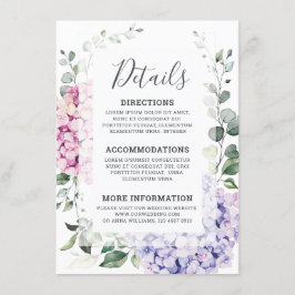 Light Blue Pink Hydrangeas en Eucalyptus bruiloft Informatiekaartje