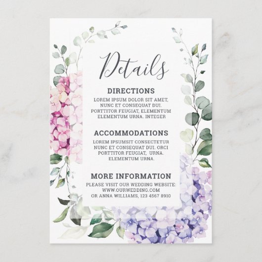 Light Blue Pink Hydrangeas en Eucalyptus bruiloft Informatiekaartje (Voorkant)