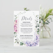 Light Blue Pink Hydrangeas en Eucalyptus bruiloft Informatiekaartje (Staand voorkant)