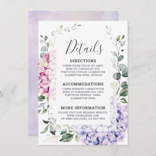 Light Blue Pink Hydrangeas en Eucalyptus bruiloft Informatiekaartje (Voorkant / Achterkant)