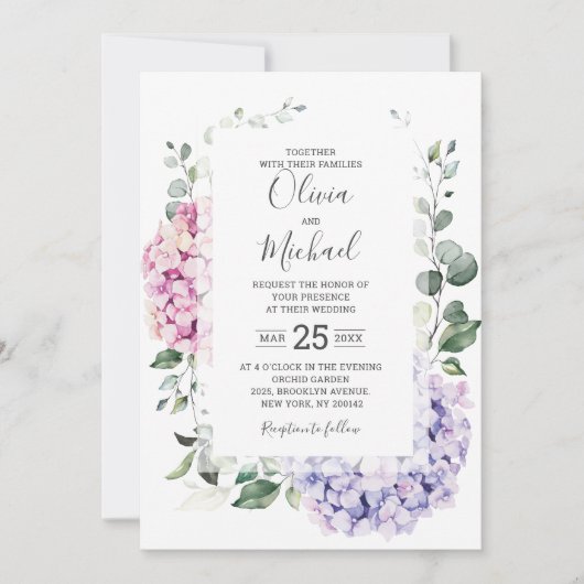 Light Blue Pink Hydrangeas en Eucalyptus bruiloft Kaart (Voorkant)