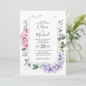 Light Blue Pink Hydrangeas en Eucalyptus bruiloft Kaart (Staand voorkant)