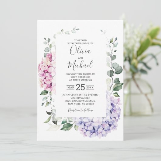 Light Blue Pink Hydrangeas en Eucalyptus bruiloft Kaart (Staand voorkant)