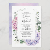 Light Blue Pink Hydrangeas en Eucalyptus bruiloft Kaart (Voorkant / Achterkant)
