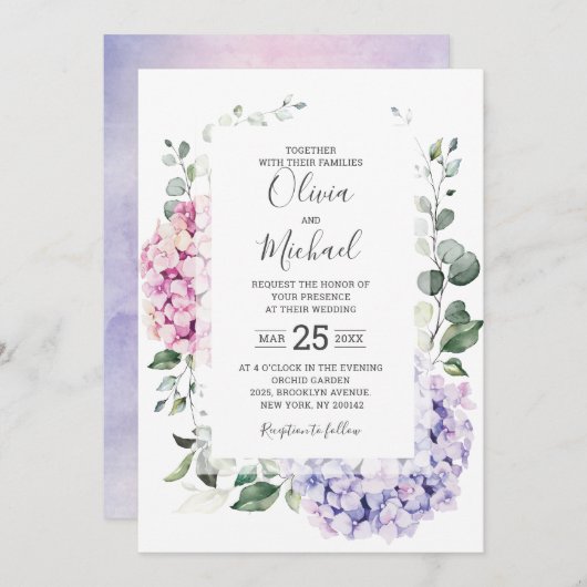 Light Blue Pink Hydrangeas en Eucalyptus bruiloft Kaart (Voorkant / Achterkant)