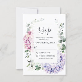 Light Blue Pink Hydrangeas en Eucalyptus bruiloft RSVP Kaartje