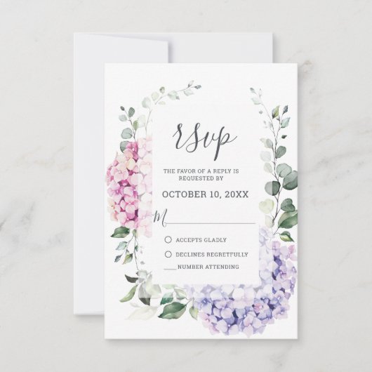 Light Blue Pink Hydrangeas en Eucalyptus bruiloft RSVP Kaartje (Voorkant)