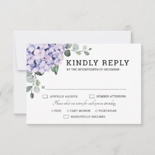 Light Blue Pink Hydrangeas en Eucalyptus bruiloft RSVP Kaartje